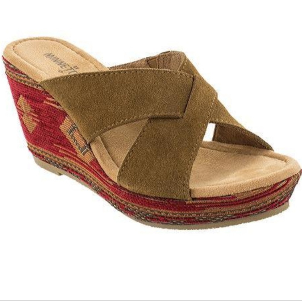Minnetonka Kylie Aztec Strappy Leather Wedge Heels